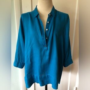 J Jill Love Linen Size Large Button Tunic Shirt Top 3/4 Sleeve turquoise blue